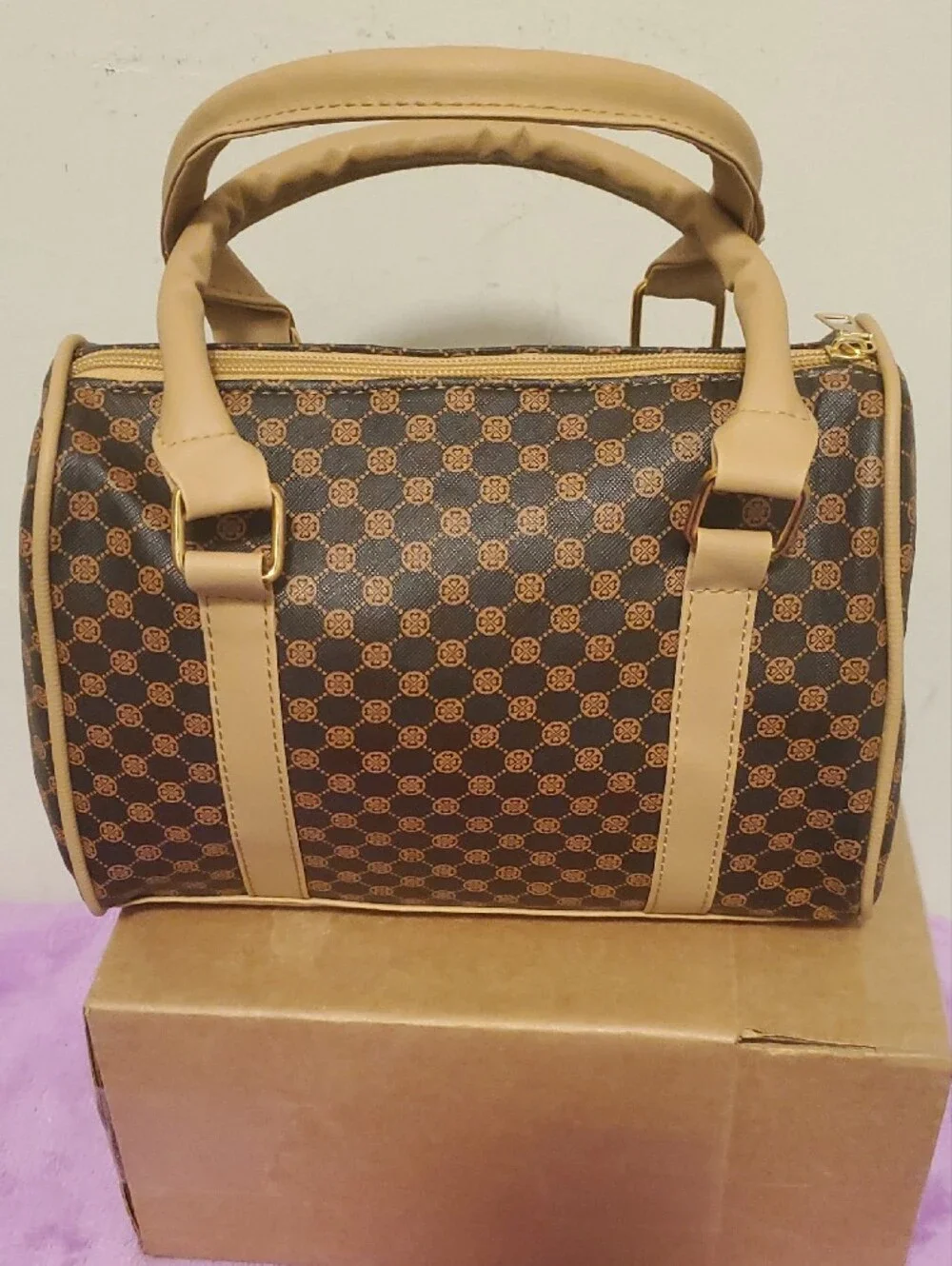 Brown Patterned Satchel with Tan Trim